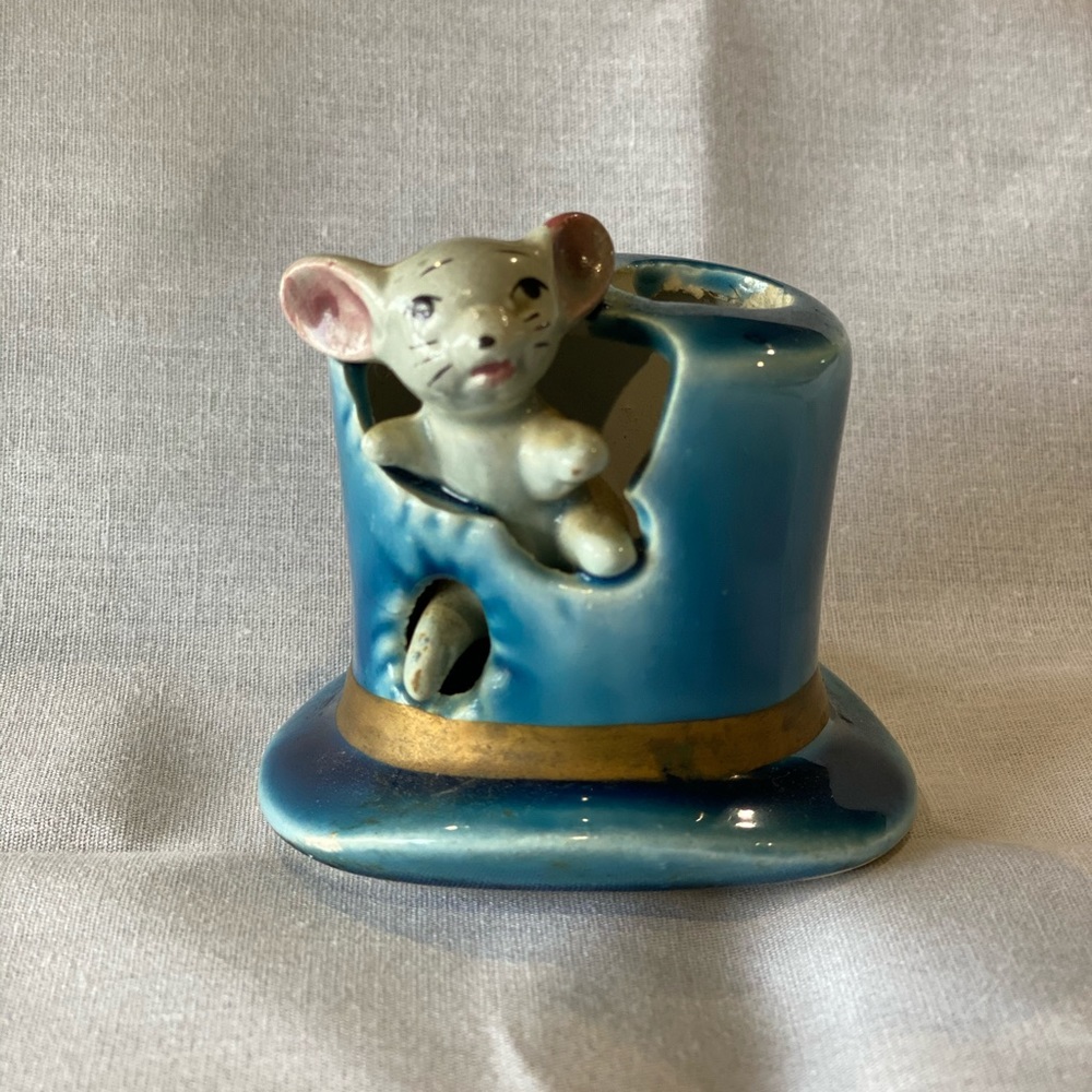 Vintage mouse in blue top hat toothpick holder